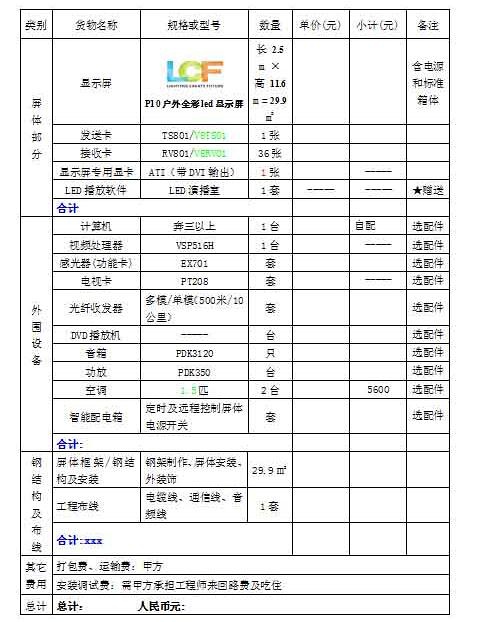 kaiyun开云P10户外LED全彩显示屏价格报价表